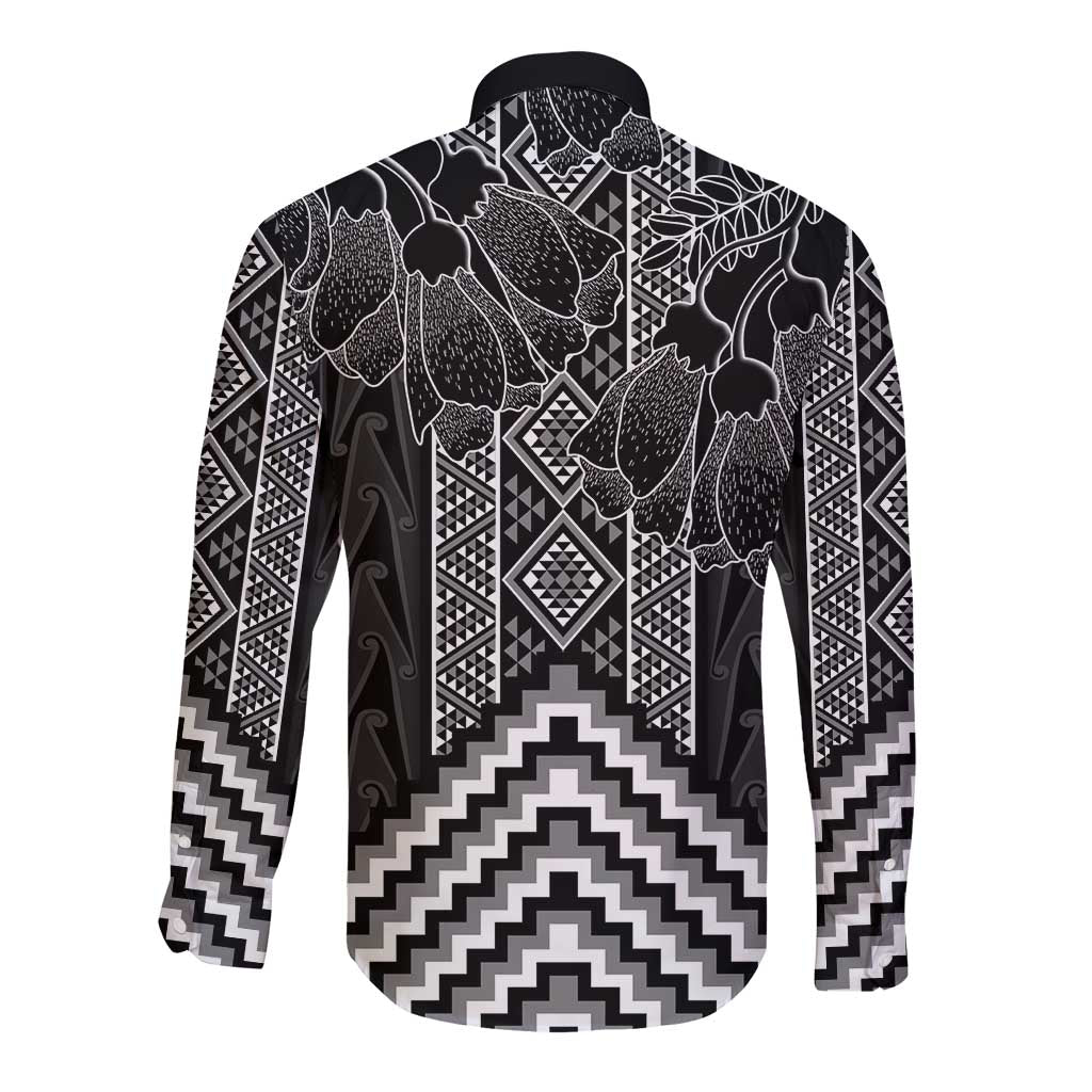 Aotearoa Taniko Pattern Long Sleeve Button Shirt Poutama Mix Kowhai Flowers LT7 - Polynesian Pride