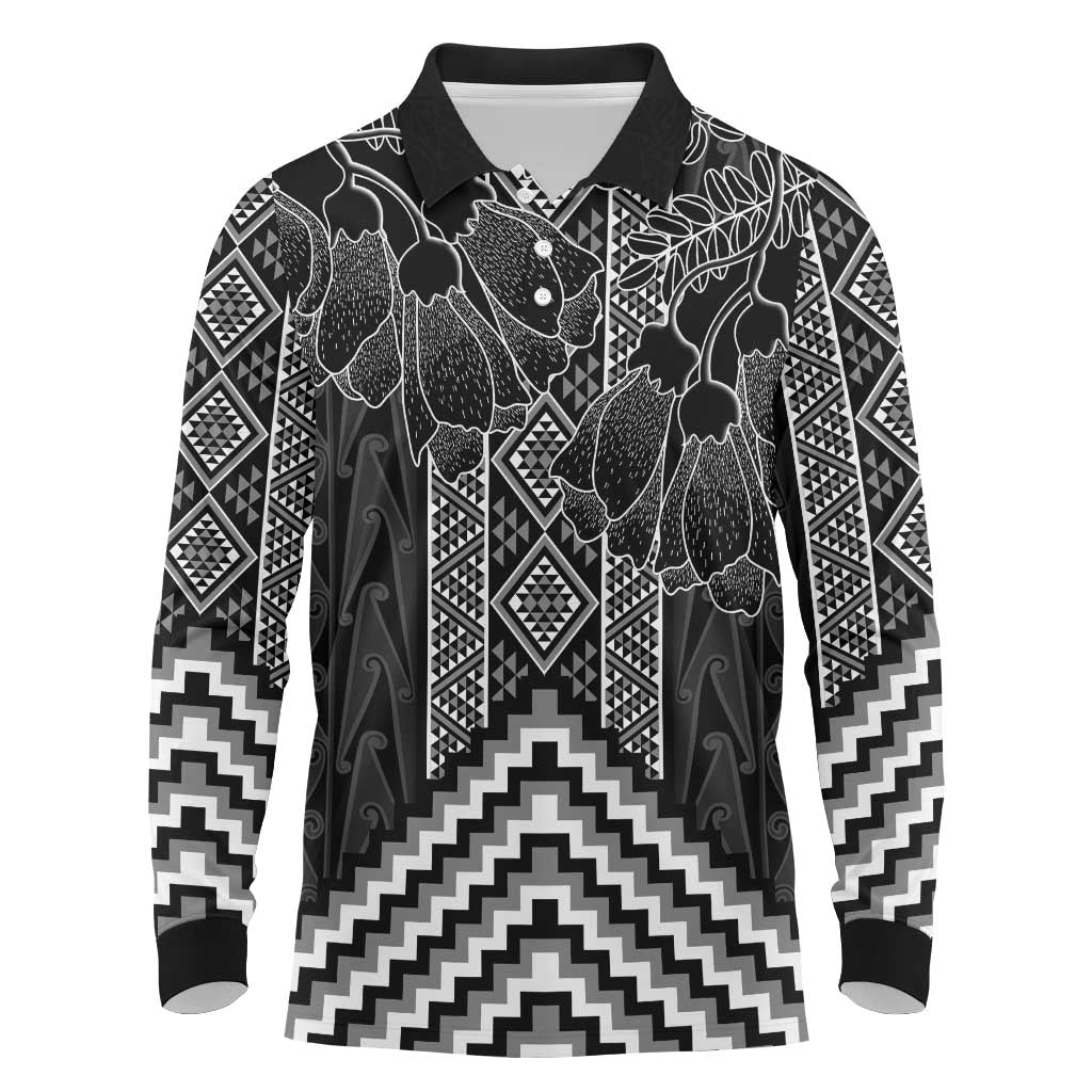 Aotearoa Taniko Pattern Long Sleeve Polo Shirt Poutama Mix Kowhai Flowers LT7 Grey - Polynesian Pride