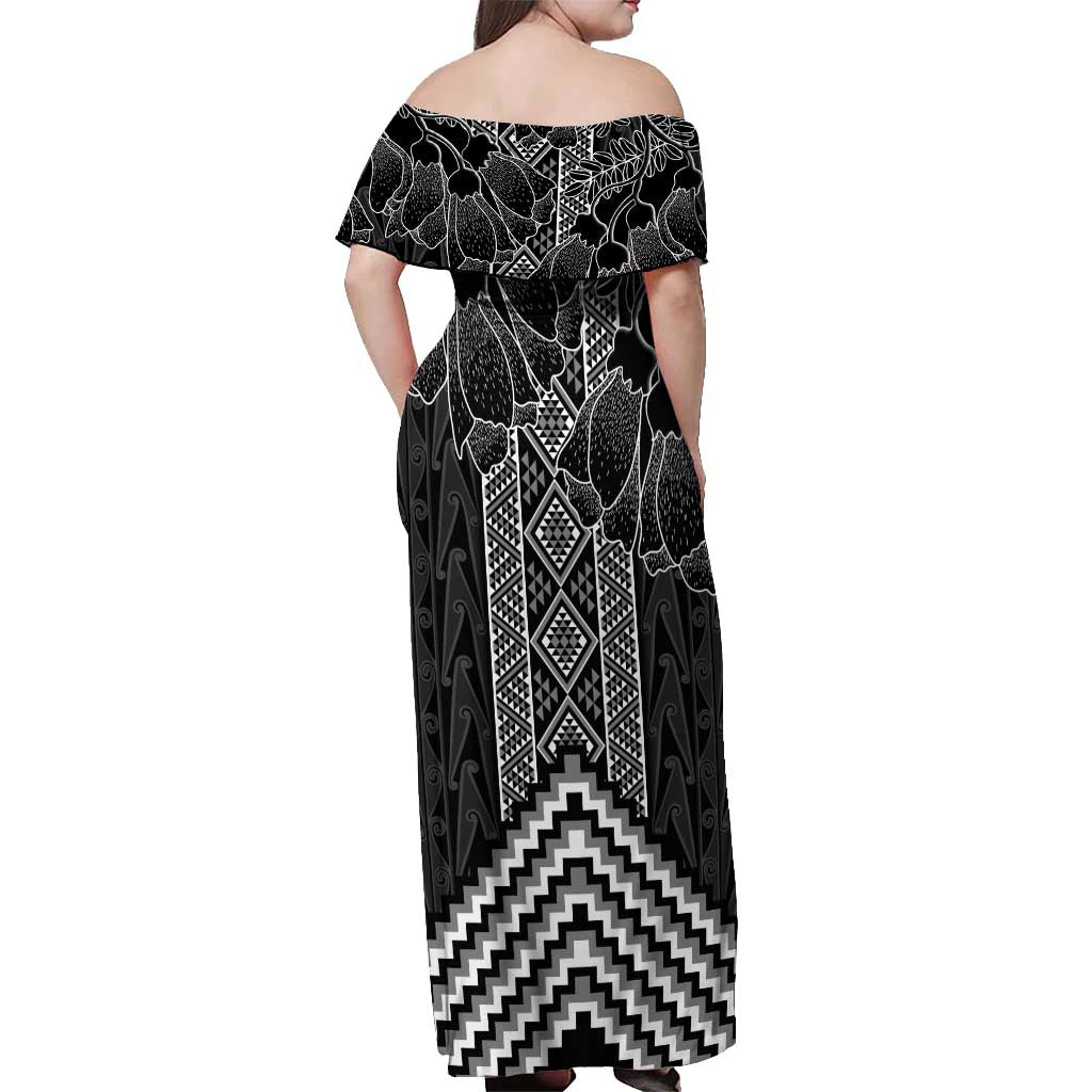 Aotearoa Taniko Pattern Off Shoulder Maxi Dress Poutama Mix Kowhai Flowers LT7 - Polynesian Pride