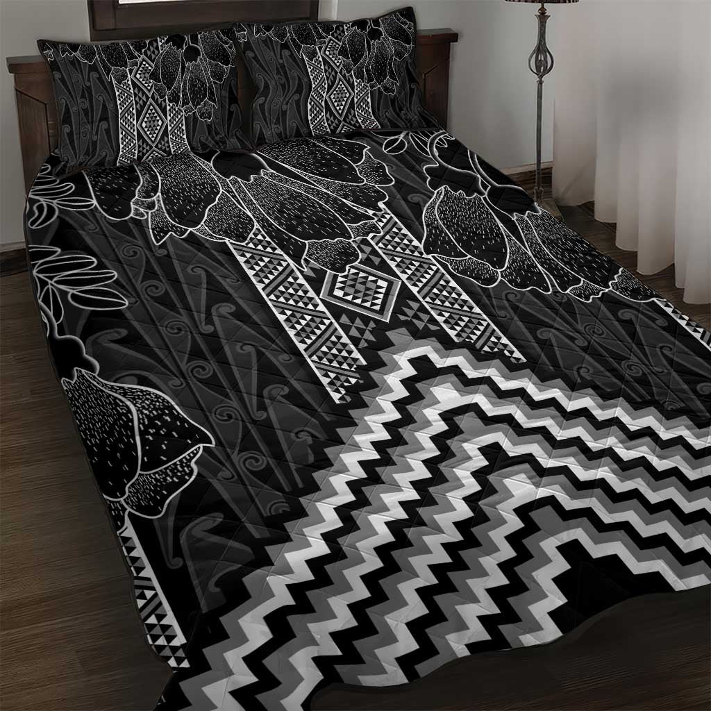 Aotearoa Taniko Pattern Quilt Bed Set Poutama Mix Kowhai Flowers