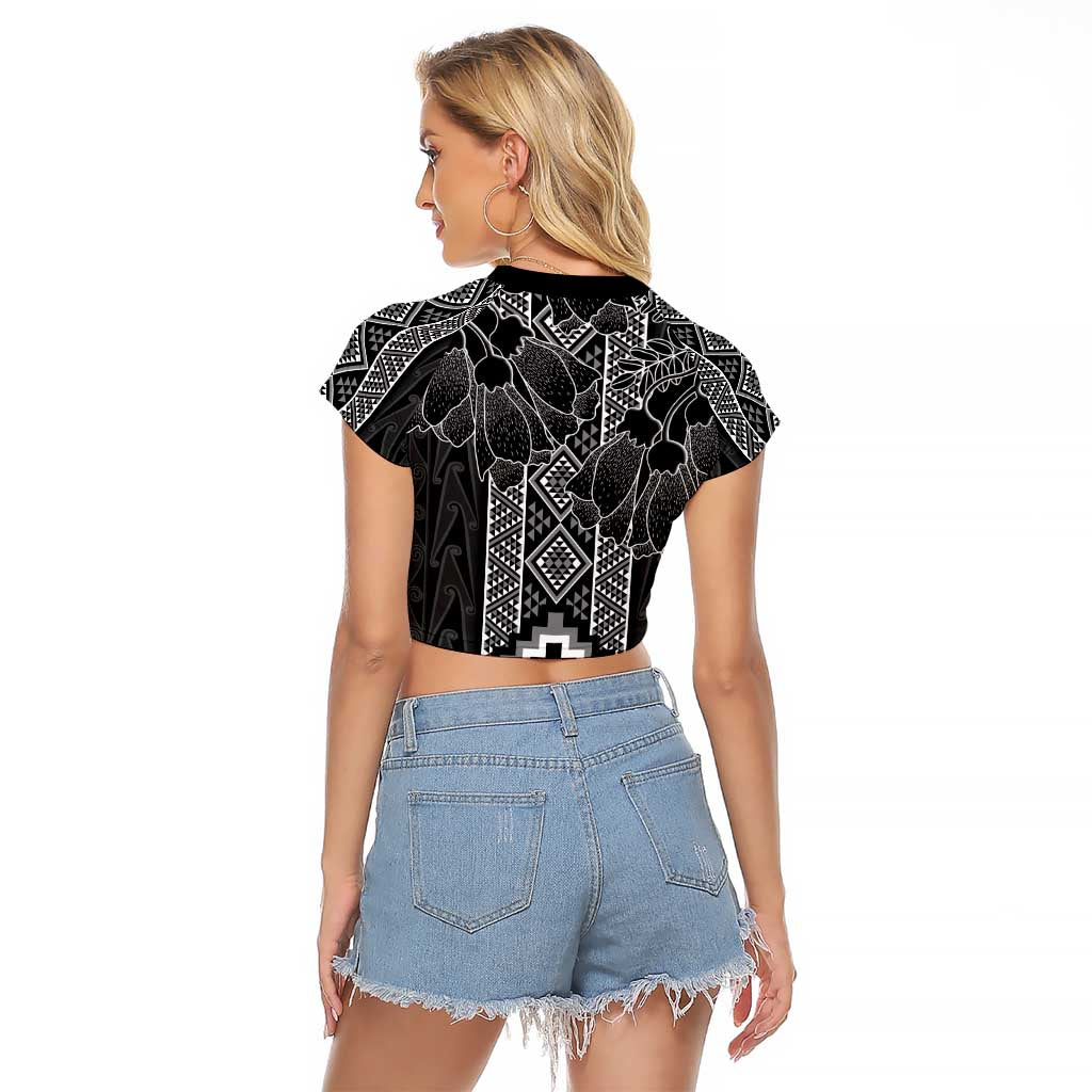 Aotearoa Taniko Pattern Raglan Cropped T Shirt Poutama Mix Kowhai Flowers