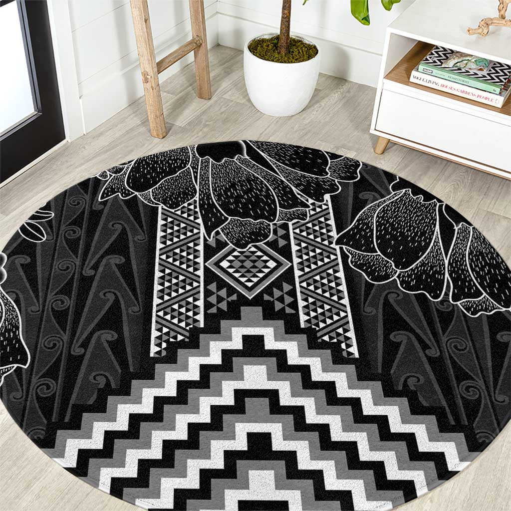 Aotearoa Taniko Pattern Round Carpet Poutama Mix Kowhai Flowers LT7 Grey - Polynesian Pride