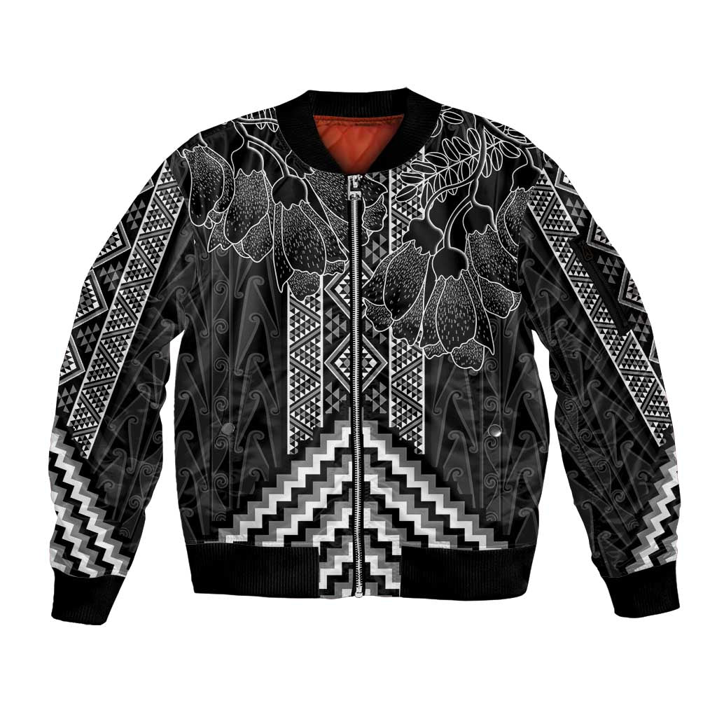 Aotearoa Taniko Pattern Sleeve Zip Bomber Jacket Poutama Mix Kowhai Flowers