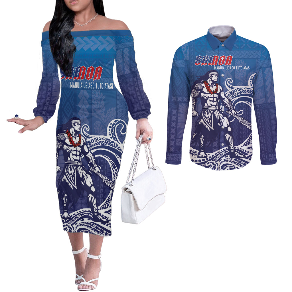 Samoa Manuia le Aso Tuto'atasi Siapo Motif Couples Matching Off The Shoulder Long Sleeve Dress and Long Sleeve Button Shirt Warrior with Nifo Oti LT7 Blue - Polynesian Pride
