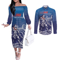 Samoa Manuia le Aso Tuto'atasi Siapo Motif Couples Matching Off The Shoulder Long Sleeve Dress and Long Sleeve Button Shirt Warrior with Nifo Oti LT7 Blue - Polynesian Pride