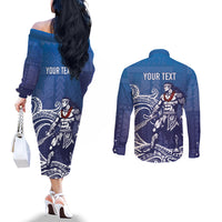 Samoa Manuia le Aso Tuto'atasi Siapo Motif Couples Matching Off The Shoulder Long Sleeve Dress and Long Sleeve Button Shirt Warrior with Nifo Oti LT7 - Polynesian Pride