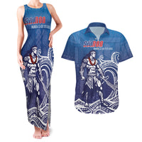 Samoa Manuia le Aso Tuto'atasi Siapo Motif Couples Matching Tank Maxi Dress and Hawaiian Shirt Warrior with Nifo Oti LT7 Blue - Polynesian Pride