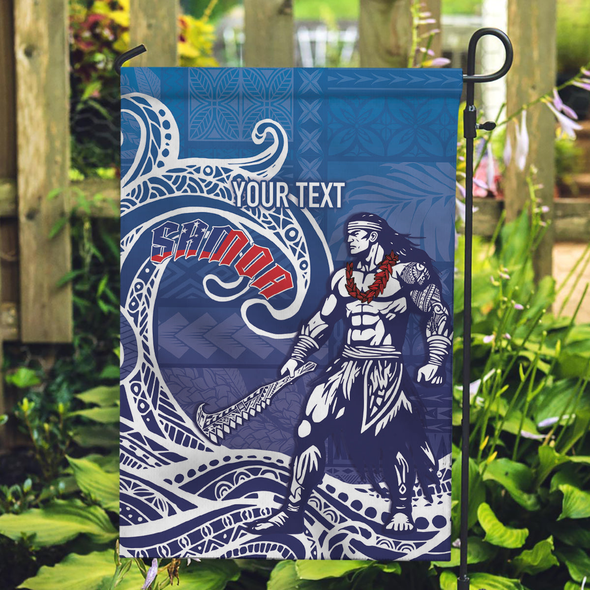 Samoa Manuia le Aso Tuto'atasi Siapo Motif Garden Flag Warrior with Nifo Oti LT7 Garden Flag Blue - Polynesian Pride