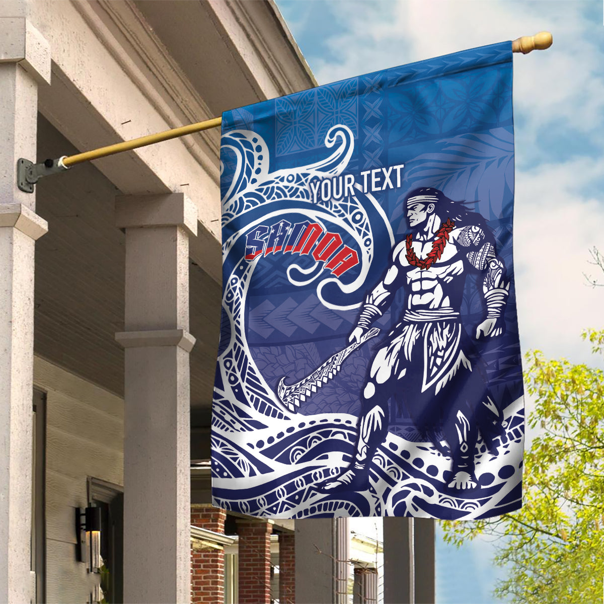 Samoa Manuia le Aso Tuto'atasi Siapo Motif Garden Flag Warrior with Nifo Oti LT7 House Flag Blue - Polynesian Pride