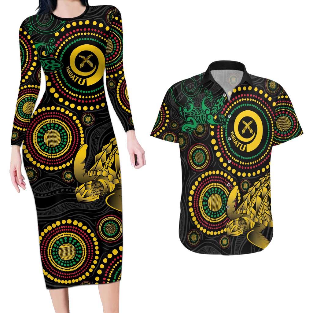 Vanuatu Personalized Aboriginal Arts Couples Matching Long Sleeve Bodycon Dress and Hawaiian Shirt Turtle and Iguana Special - Polynesian Pride