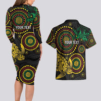 Vanuatu Personalized Aboriginal Arts Couples Matching Long Sleeve Bodycon Dress and Hawaiian Shirt Turtle and Iguana Special - Polynesian Pride