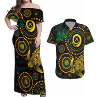 Vanuatu Personalized Aboriginal Arts Couples Matching Off Shoulder Maxi Dress and Hawaiian Shirt Turtle and Iguana Special - Polynesian Pride