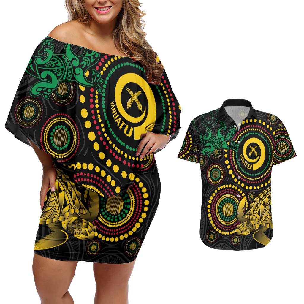 Vanuatu Personalized Aboriginal Arts Couples Matching Off Shoulder Short Dress and Hawaiian Shirt Turtle and Iguana Special - Polynesian Pride