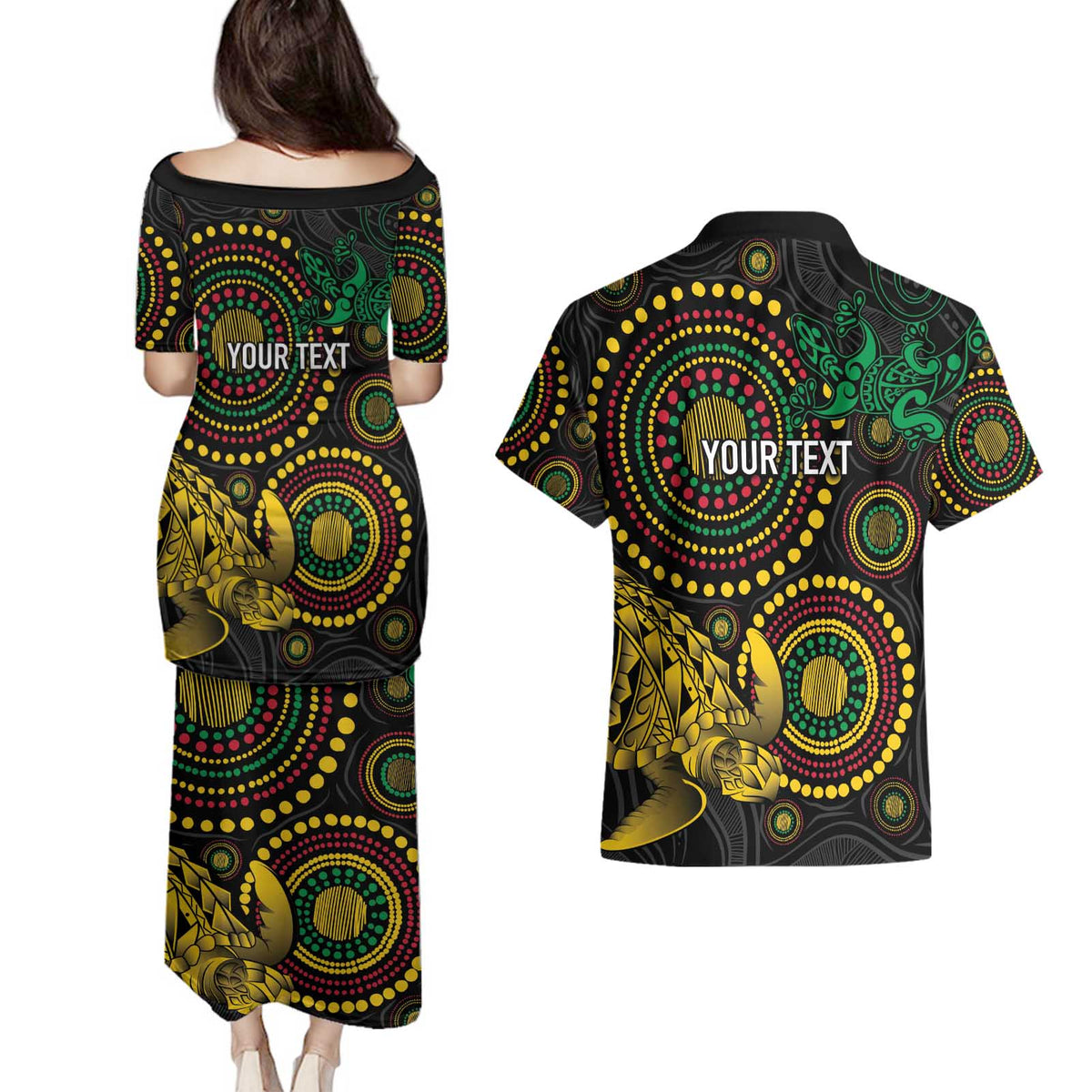 Vanuatu Personalized Aboriginal Arts Couples Matching Puletasi and Hawaiian Shirt Turtle and Iguana Special - Polynesian Pride