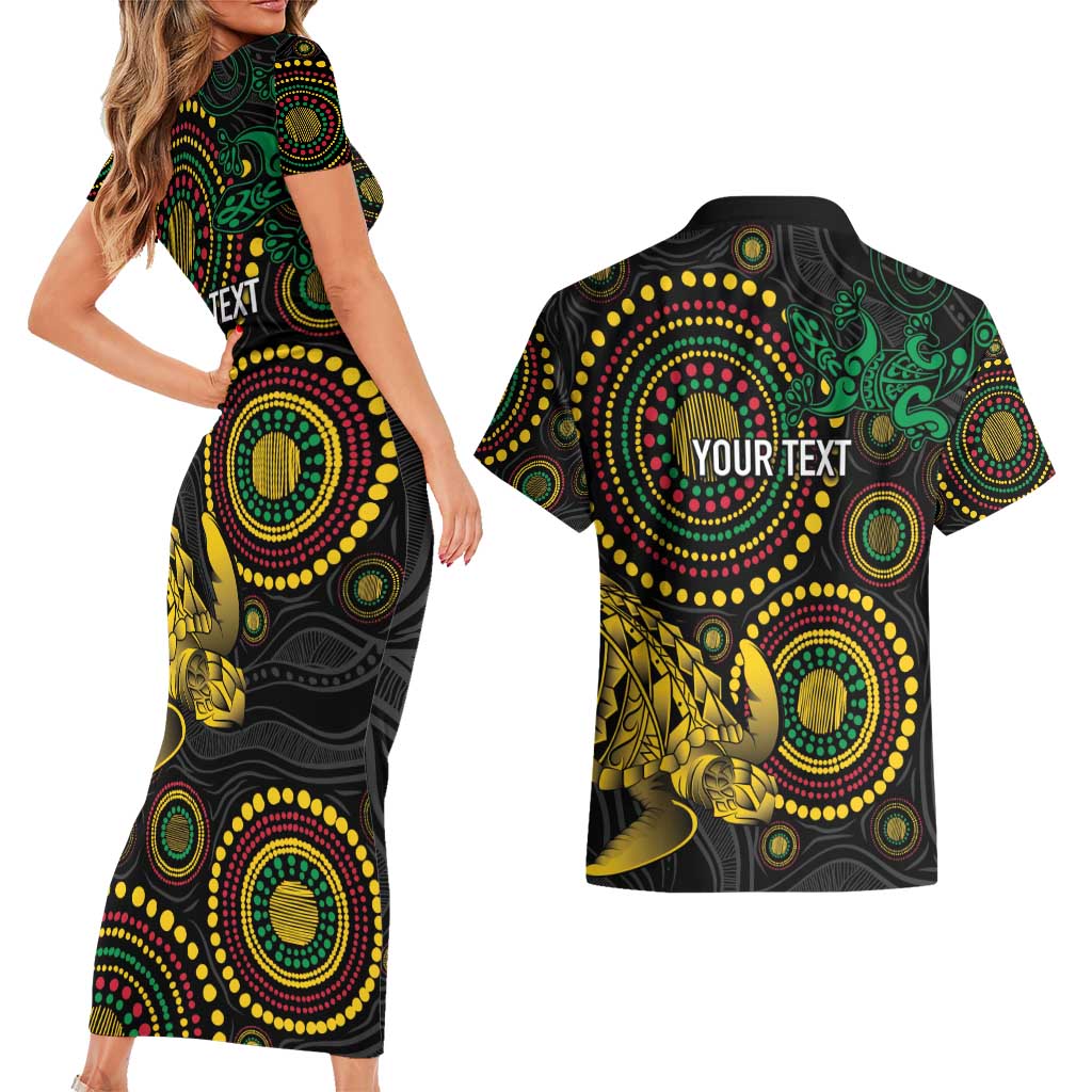 Vanuatu Personalized Aboriginal Arts Couples Matching Short Sleeve Bodycon Dress and Hawaiian Shirt Turtle and Iguana Special - Polynesian Pride