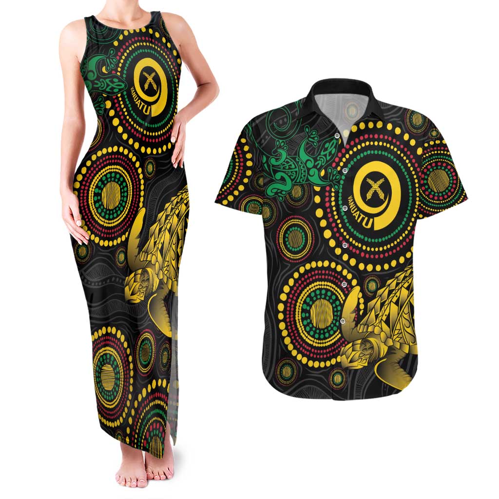 Vanuatu Personalized Aboriginal Arts Couples Matching Tank Maxi Dress and Hawaiian Shirt Turtle and Iguana Special - Polynesian Pride
