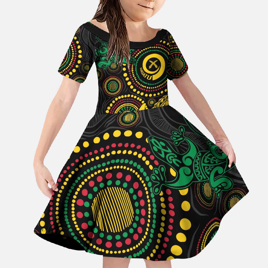 Vanuatu Personalized Aboriginal Arts Family Matching Long Sleeve Bodycon Dress and Hawaiian Shirt Turtle and Iguana Special LT7 Daughter's Dress Colorful - Polynesian Pride