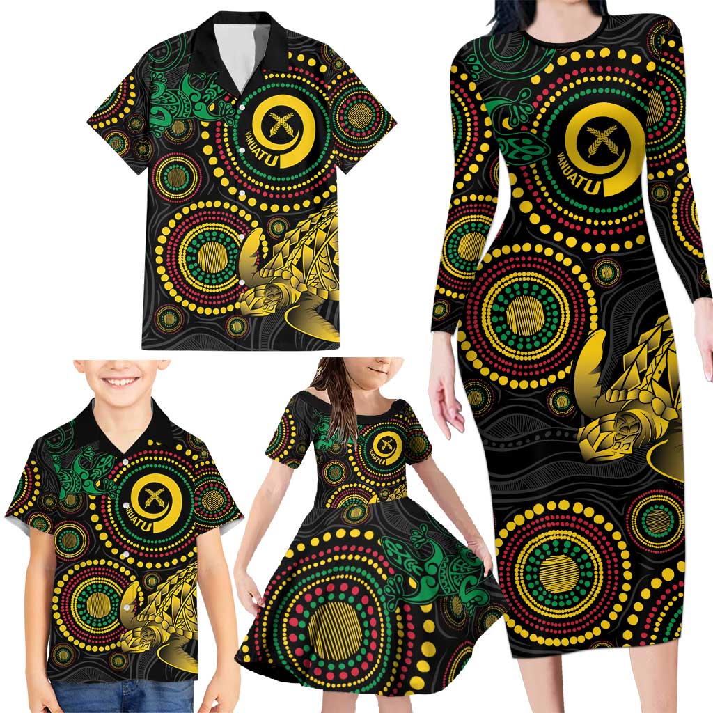 Vanuatu Personalized Aboriginal Arts Family Matching Long Sleeve Bodycon Dress and Hawaiian Shirt Turtle and Iguana Special LT7 - Polynesian Pride