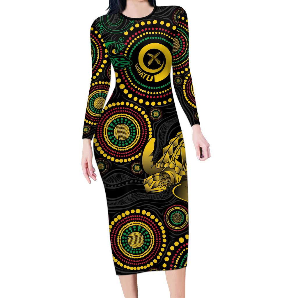 Vanuatu Personalized Aboriginal Arts Family Matching Long Sleeve Bodycon Dress and Hawaiian Shirt Turtle and Iguana Special LT7 Mom's Dress Colorful - Polynesian Pride
