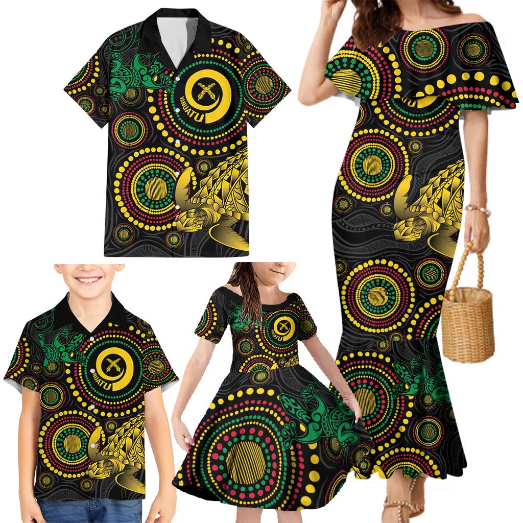 Vanuatu Personalized Aboriginal Arts Family Matching Mermaid Dress and Hawaiian Shirt Turtle and Iguana Special - Polynesian Pride