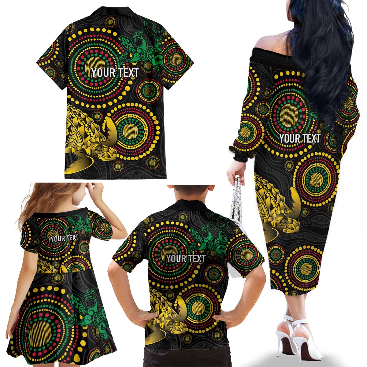Vanuatu Personalized Aboriginal Arts Family Matching Off The Shoulder Long Sleeve Dress and Hawaiian Shirt Turtle and Iguana Special - Polynesian Pride