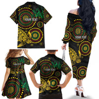 Vanuatu Personalized Aboriginal Arts Family Matching Off The Shoulder Long Sleeve Dress and Hawaiian Shirt Turtle and Iguana Special - Polynesian Pride