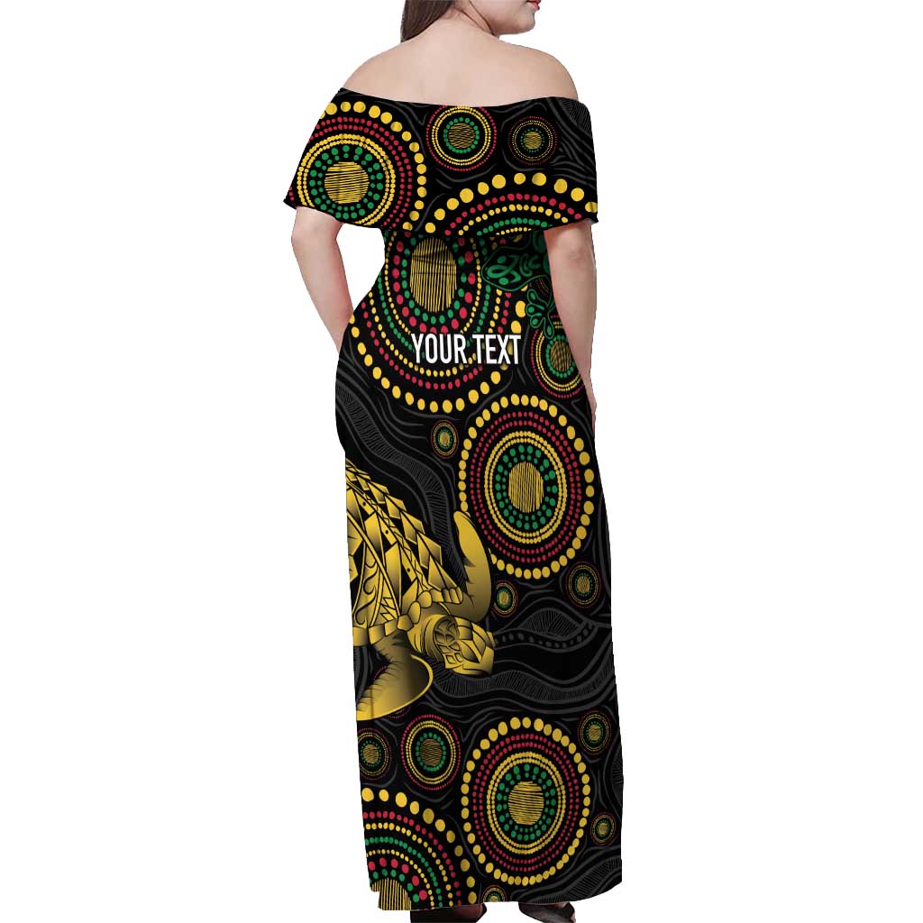 Vanuatu Personalized Aboriginal Arts Off Shoulder Maxi Dress Turtle and Iguana Special LT7 - Polynesian Pride