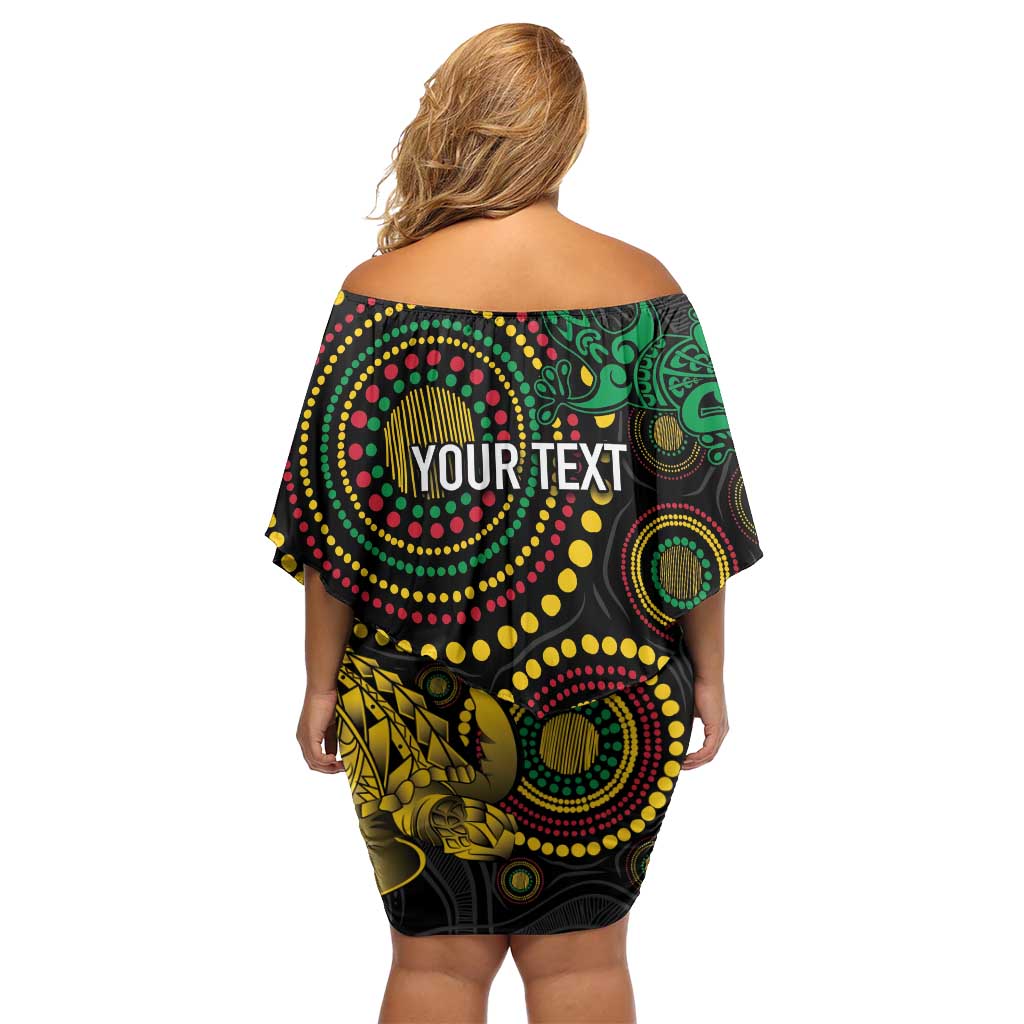 Vanuatu Personalized Aboriginal Arts Off Shoulder Short Dress Turtle and Iguana Special - Polynesian Pride