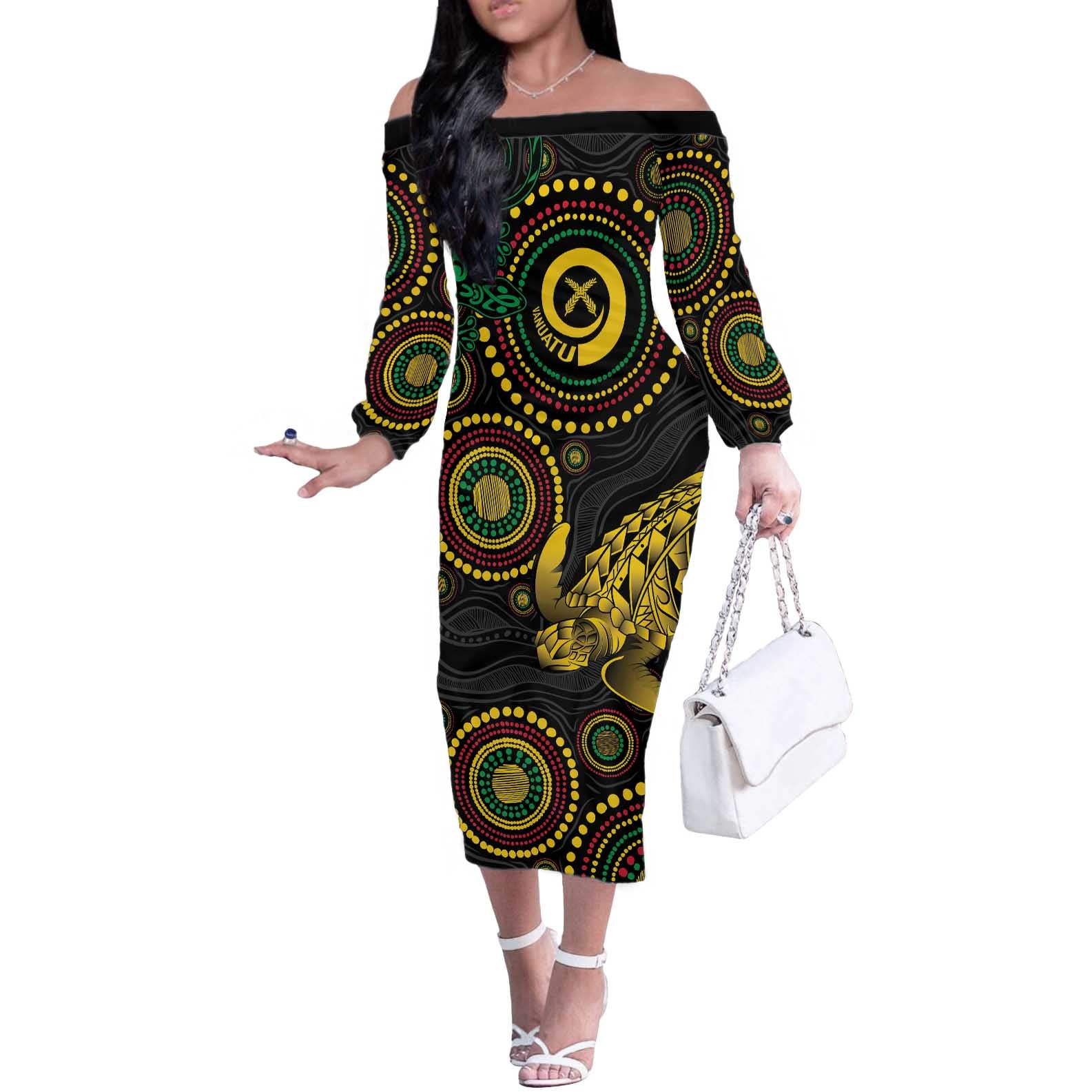 Vanuatu Personalized Aboriginal Arts Off The Shoulder Long Sleeve Dress Turtle and Iguana Special - Polynesian Pride
