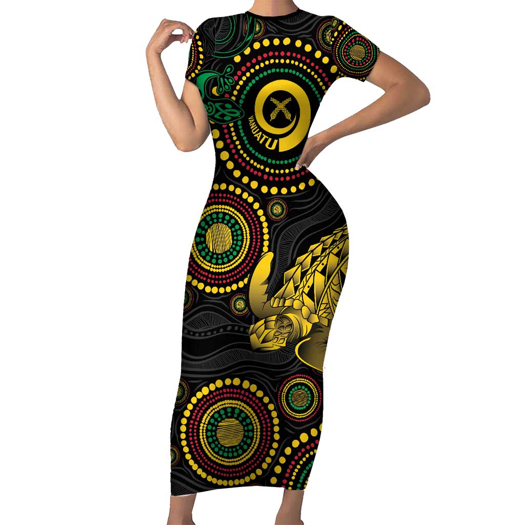 Vanuatu Personalized Aboriginal Arts Short Sleeve Bodycon Dress Turtle and Iguana Special - Polynesian Pride