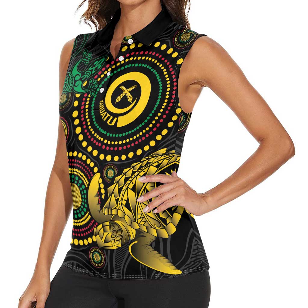 Vanuatu Personalized Aboriginal Arts Women Sleeveless Polo Shirt Turtle and Iguana Special LT7 - Polynesian Pride