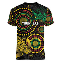 Vanuatu Personalized Aboriginal Arts Women V-Neck T-Shirt Turtle and Iguana Special LT7 - Polynesian Pride