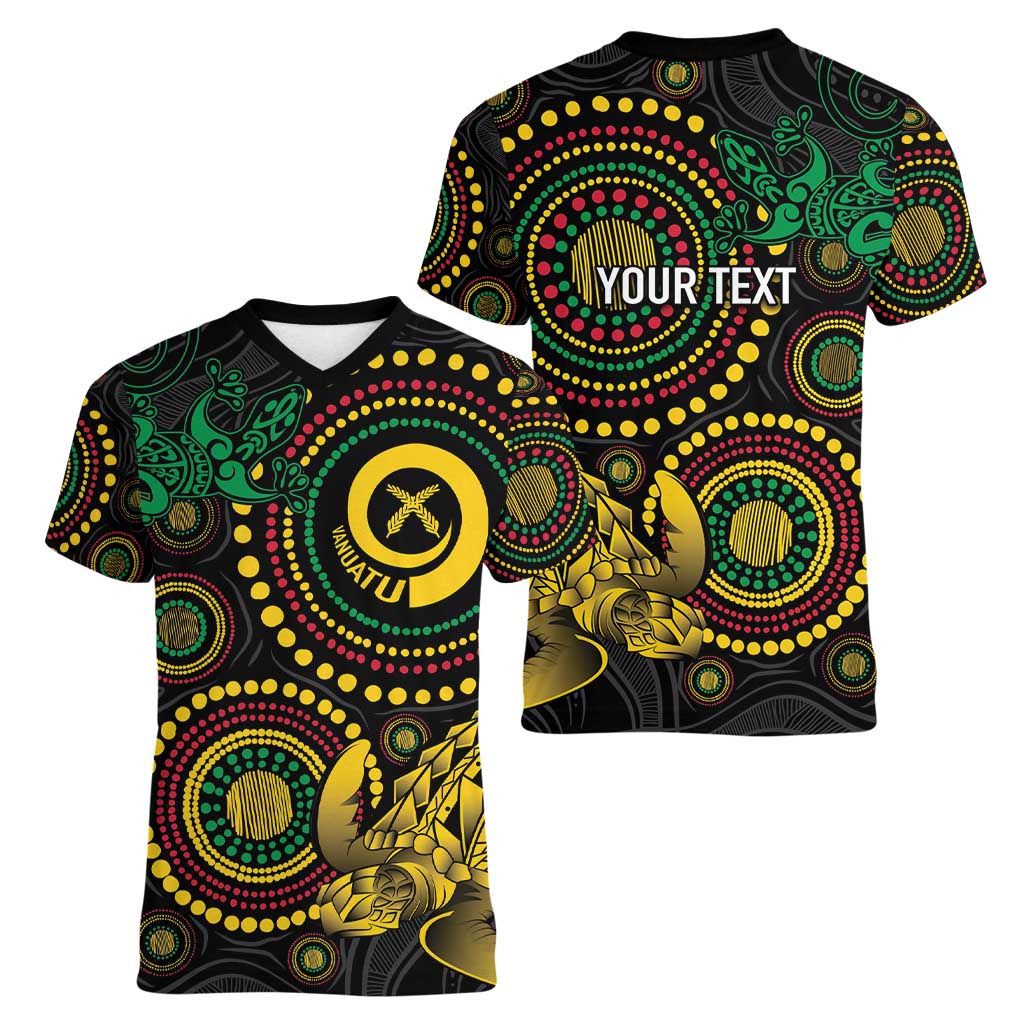 Vanuatu Personalized Aboriginal Arts Women V-Neck T-Shirt Turtle and Iguana Special LT7 - Polynesian Pride
