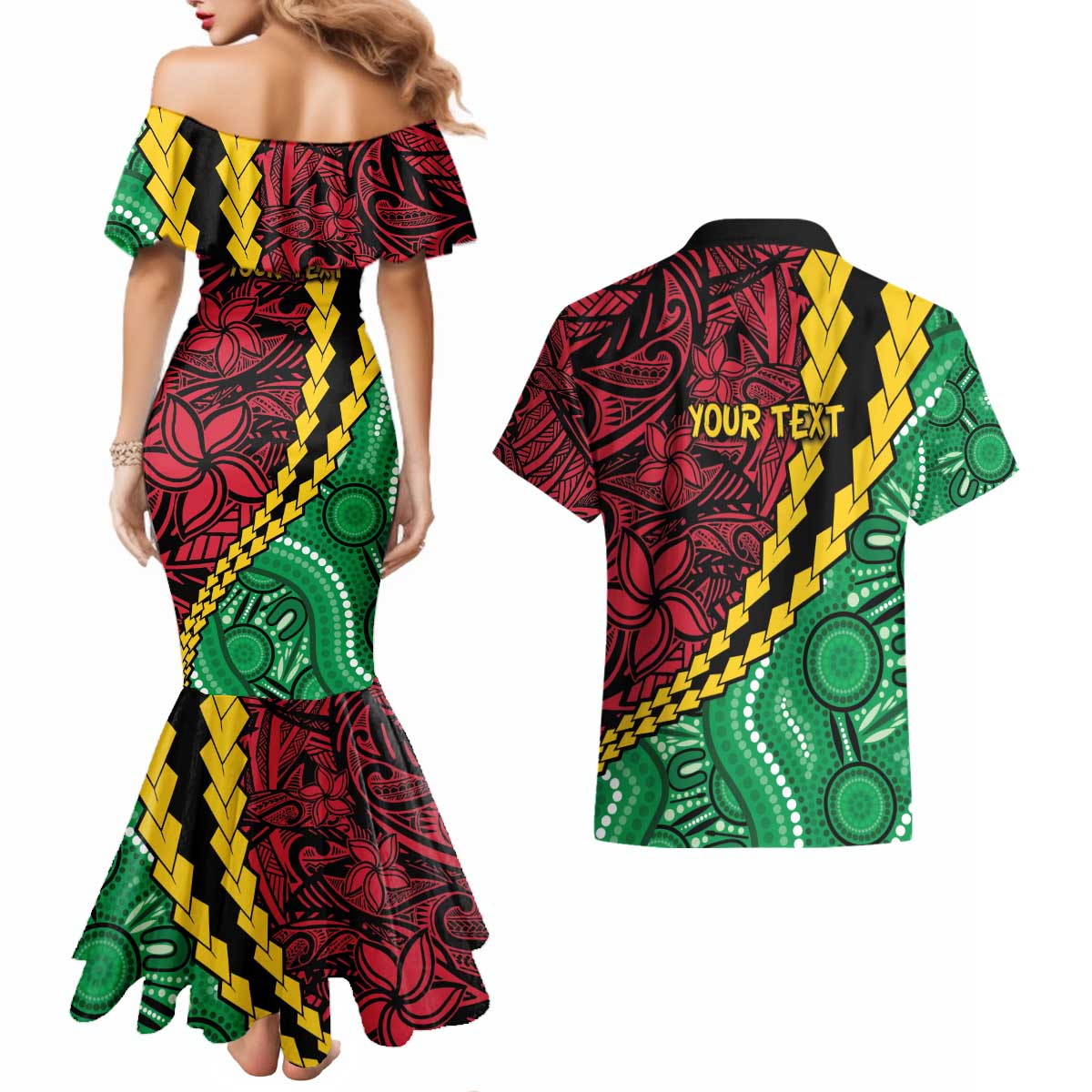 Vanuatu Personalized Tribal Couples Matching Mermaid Dress and Hawaiian Shirt Aboriginal Inspired Mix Style - Polynesian Pride