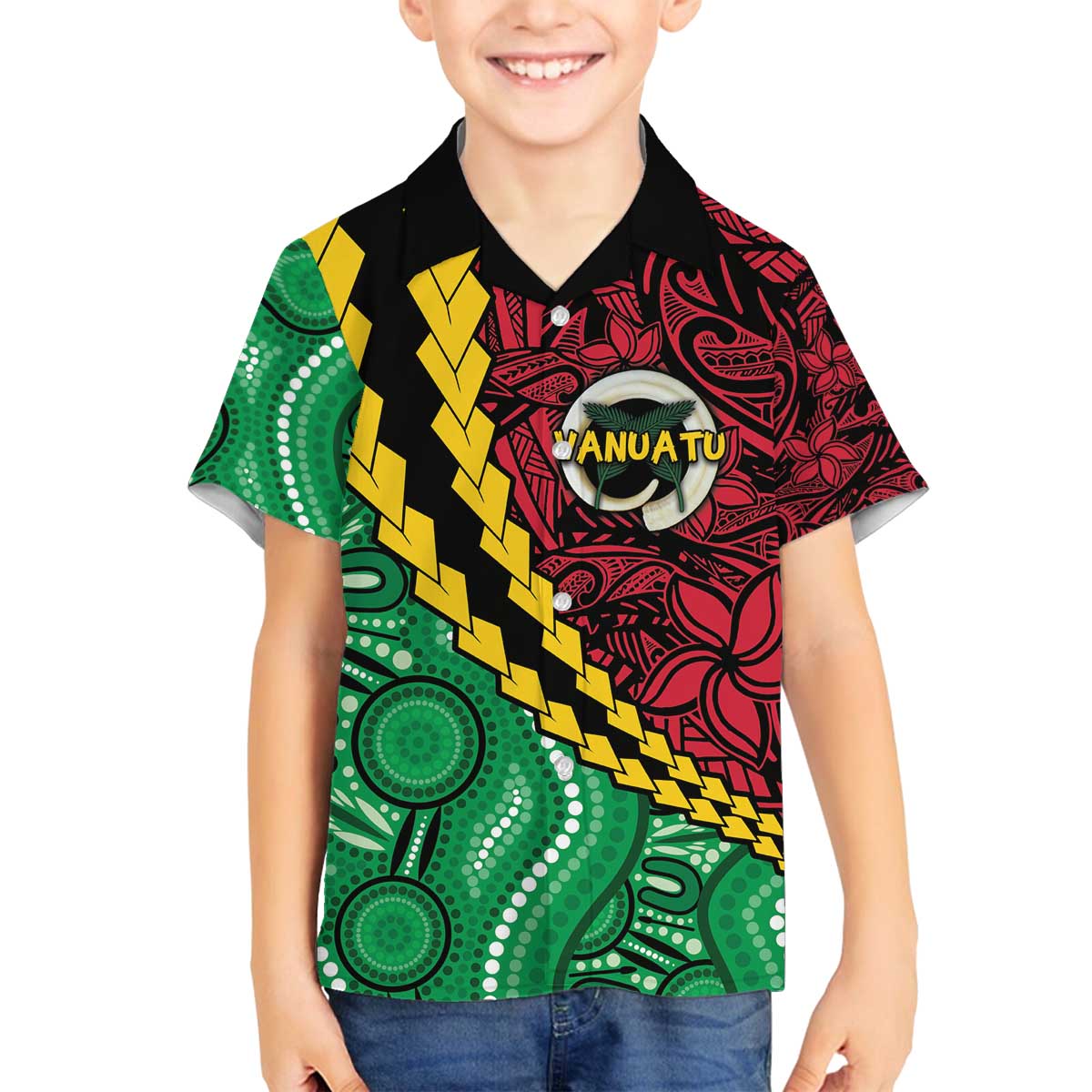 Vanuatu Personalized Tribal Family Matching Off The Shoulder Long Sleeve Dress and Hawaiian Shirt Aboriginal Inspired Mix Style - Polynesian Pride