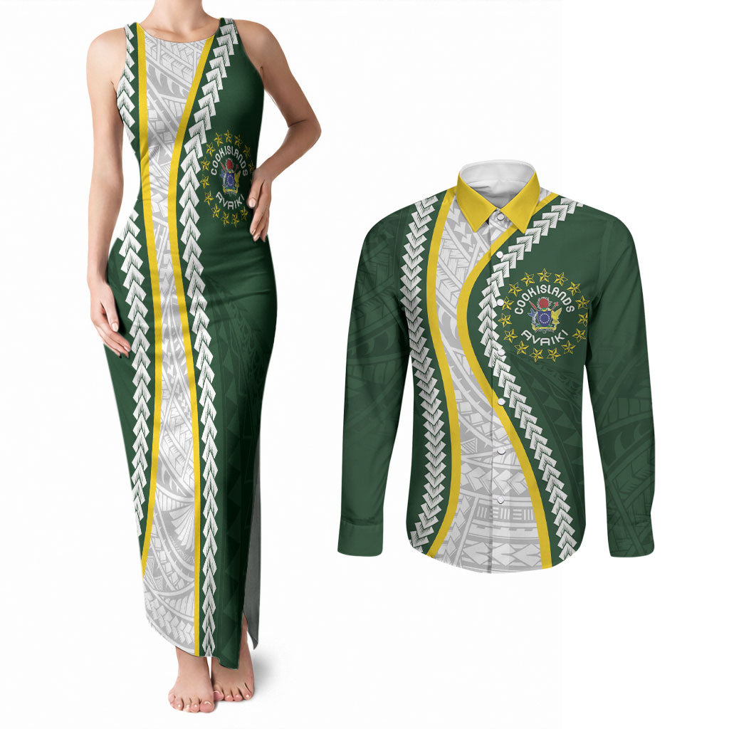 Cook Islands Rugby Personalized Avaiki Couples Matching Tank Maxi Dress and Long Sleeve Button Shirt GO Kuki LT7 Green - Polynesian Pride