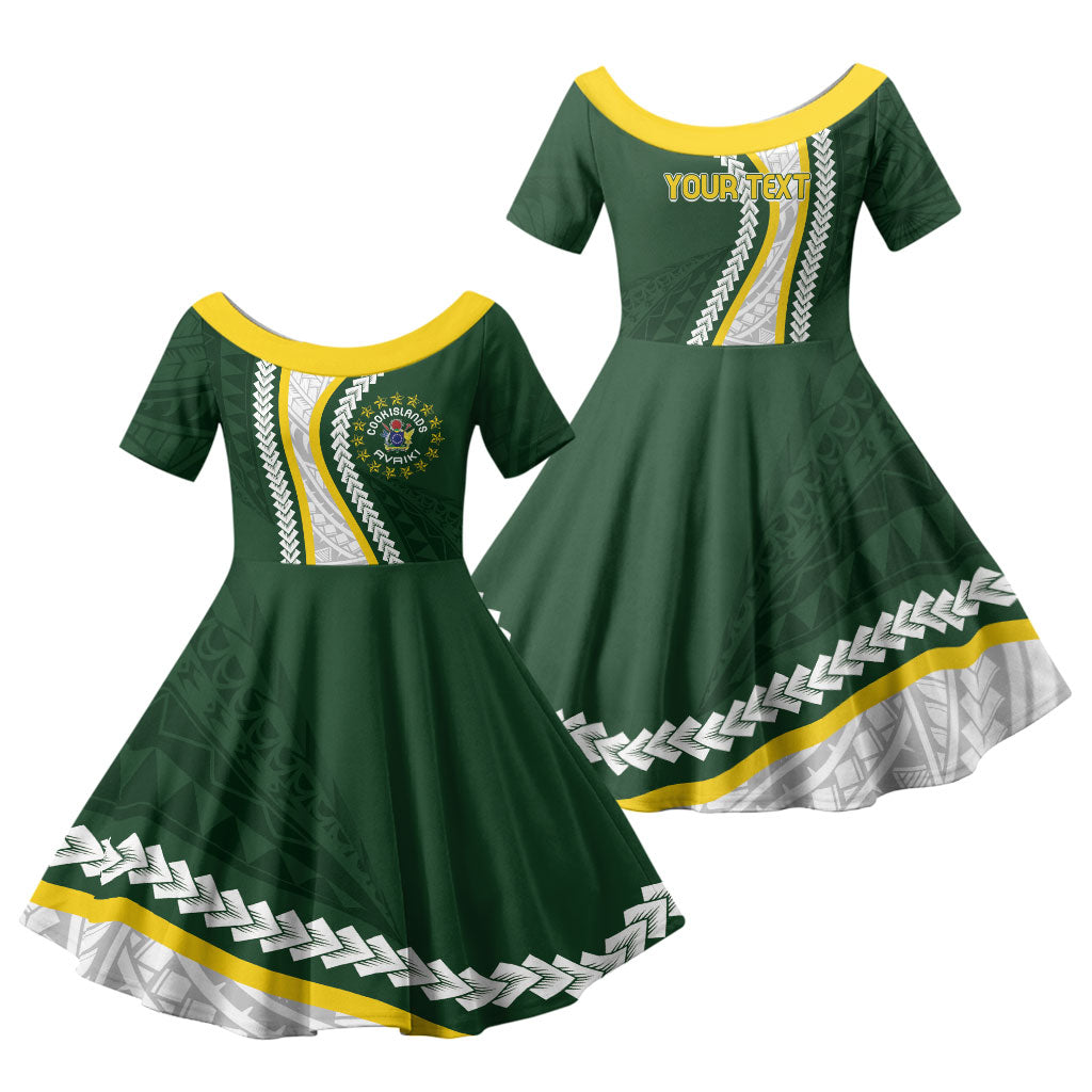 Cook Islands Rugby Personalized Avaiki Family Matching Off The Shoulder Long Sleeve Dress and Hawaiian Shirt GO Kuki LT7 Daughter's Dress Green - Polynesian Pride