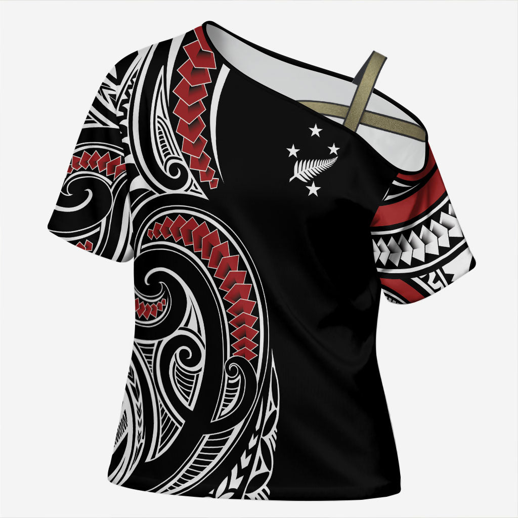 New Zealand Darts Personalized Hei Manaia Cross Shoulder Shirt Classic Kowhaiwhai LT7 Female Black - Polynesian Pride