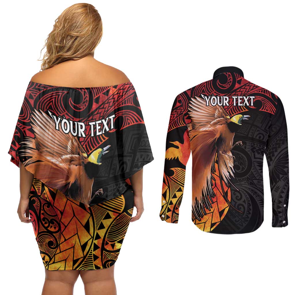 Papua New Guinea Personalised Couples Matching Off Shoulder Short Dress and Long Sleeve Button Shirt Grunge Style 49th Independence Anni