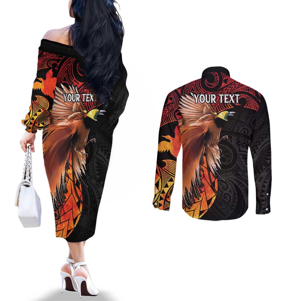 Papua New Guinea Personalised Couples Matching Off The Shoulder Long Sleeve Dress and Long Sleeve Button Shirt Grunge Style 49th Independence Anni