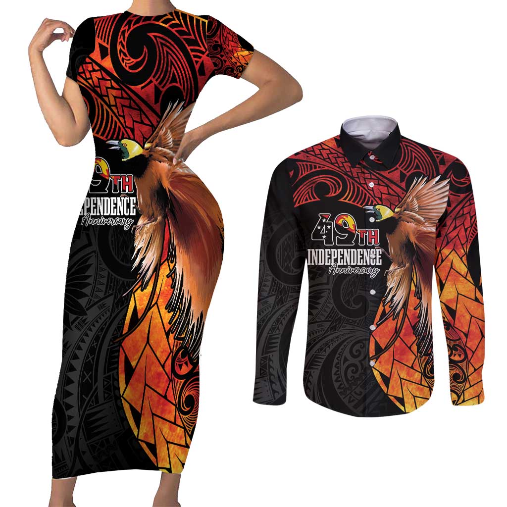 Papua New Guinea Personalised Couples Matching Short Sleeve Bodycon Dress and Long Sleeve Button Shirt Grunge Style 49th Independence Anni