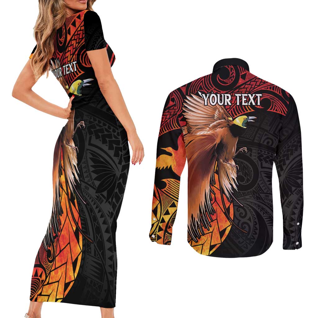 Papua New Guinea Personalised Couples Matching Short Sleeve Bodycon Dress and Long Sleeve Button Shirt Grunge Style 49th Independence Anni