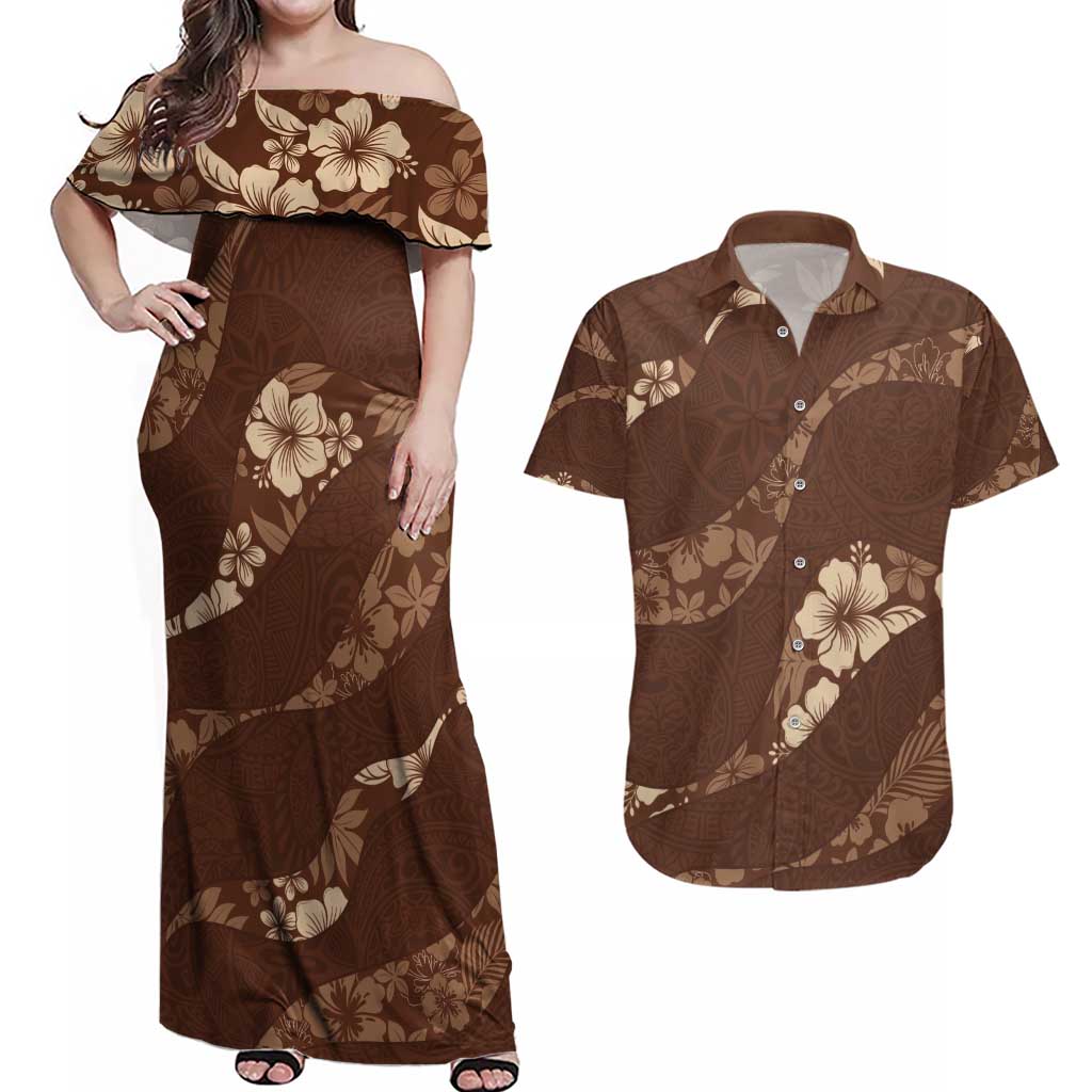 Aloha Hawaii Floral Tapa Couples Matching Off Shoulder Maxi Dress and Hawaiian Shirt Patchwork Mocha - Polynesian Pride