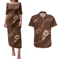 Aloha Hawaii Floral Tapa Couples Matching Puletasi and Hawaiian Shirt Patchwork Mocha - Polynesian Pride