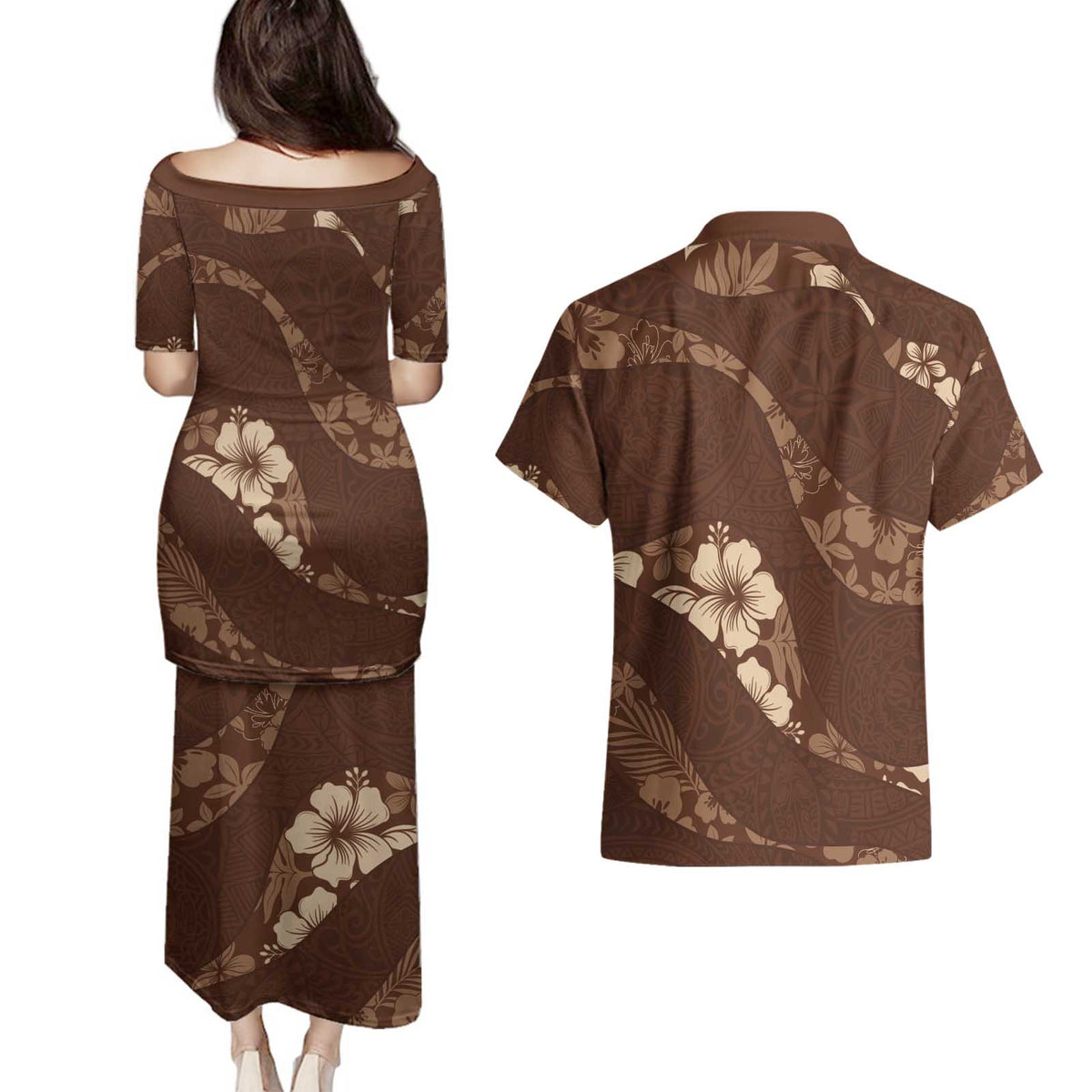 Aloha Hawaii Floral Tapa Couples Matching Puletasi and Hawaiian Shirt Patchwork Mocha - Polynesian Pride