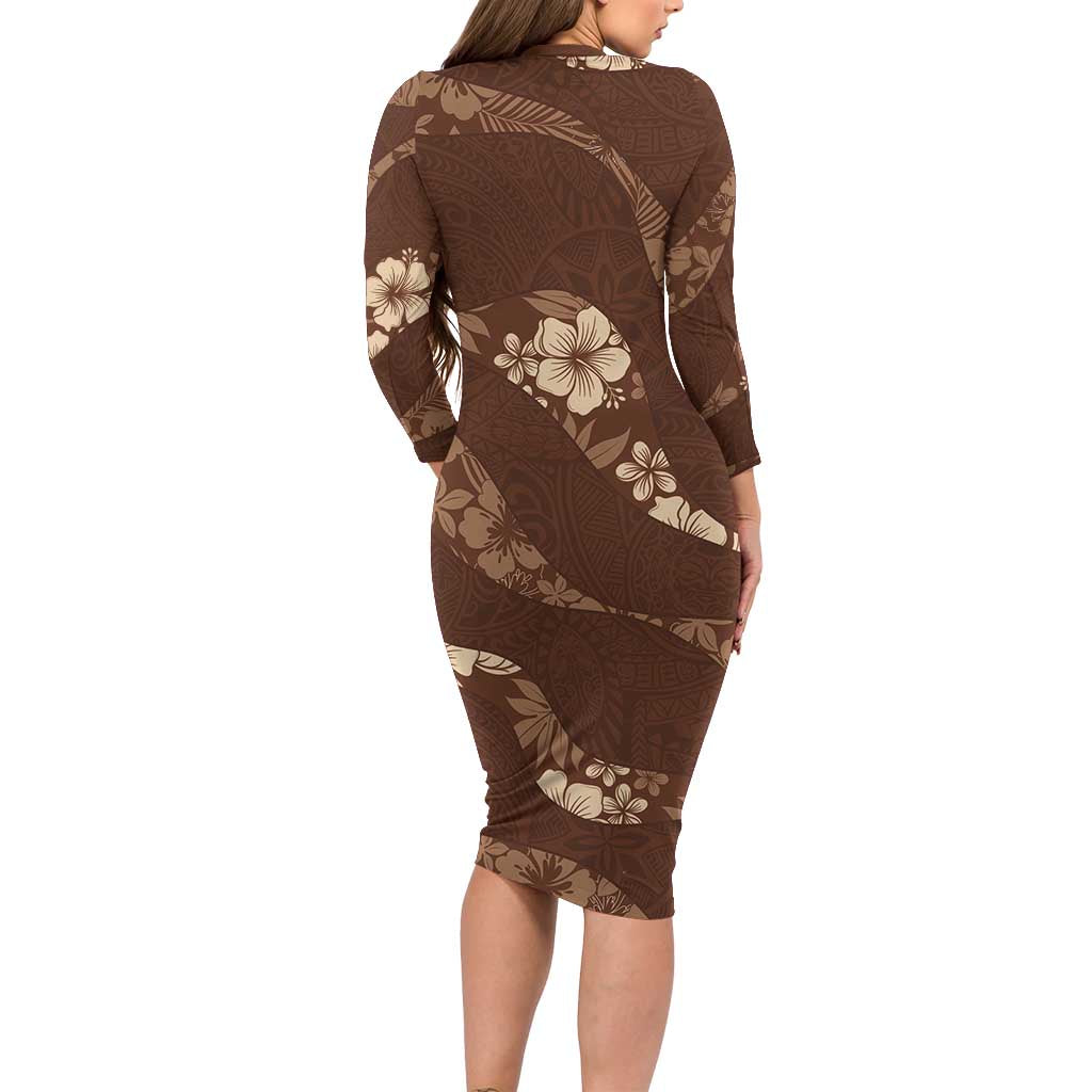 Aloha Hawaii Floral Tapa Family Matching Long Sleeve Bodycon Dress and Hawaiian Shirt Patchwork Mocha - Polynesian Pride