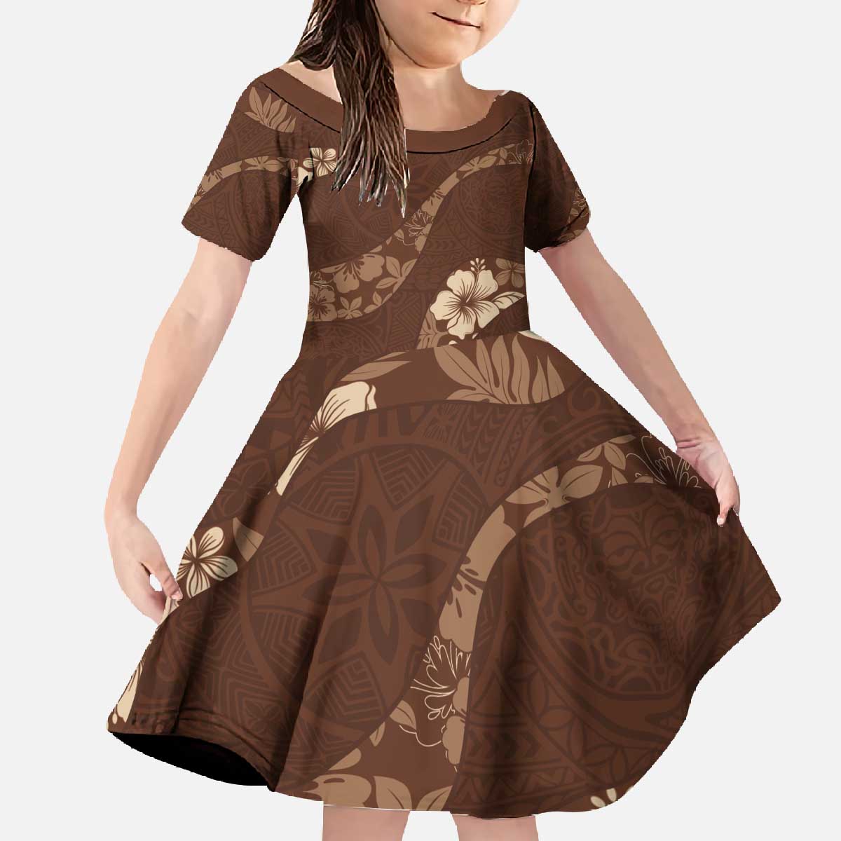 Aloha Hawaii Floral Tapa Family Matching Off The Shoulder Long Sleeve Dress and Hawaiian Shirt Patchwork Mocha - Polynesian Pride