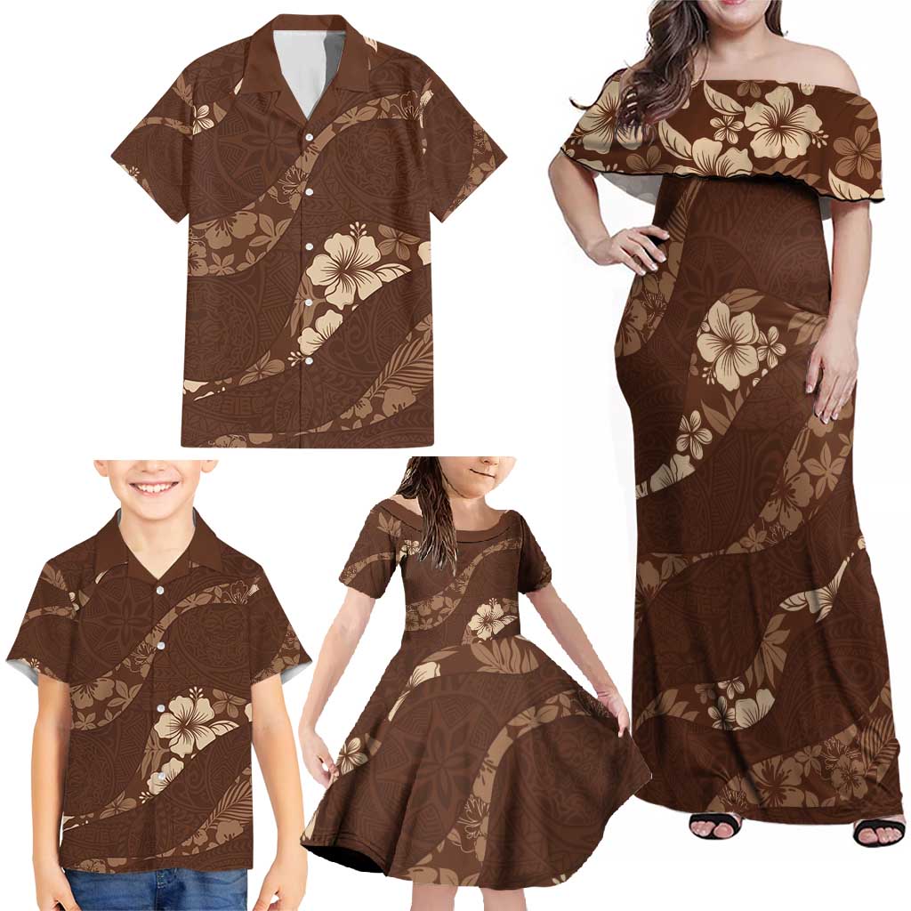 Aloha Hawaii Floral Tapa Family Matching Off Shoulder Maxi Dress and Hawaiian Shirt Patchwork Mocha - Polynesian Pride
