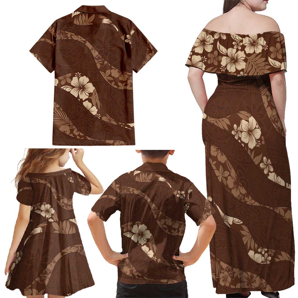 Aloha Hawaii Floral Tapa Family Matching Off Shoulder Maxi Dress and Hawaiian Shirt Patchwork Mocha - Polynesian Pride