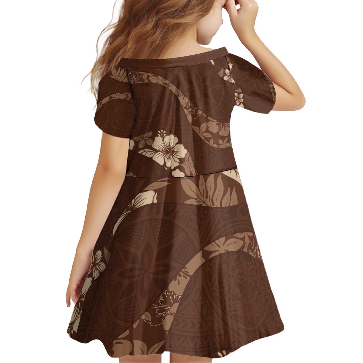 Aloha Hawaii Floral Tapa Kid Short Sleeve Dress Patchwork Mocha - Polynesian Pride